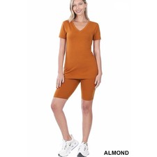 Zenana Cotton V-Neck Top  Biker Shorts set Almond -Small