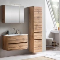 Badezimmer Waschtisch Kombi Wotaneiche Seitenschrank Led-Spiegelschrank GäSte-Wc