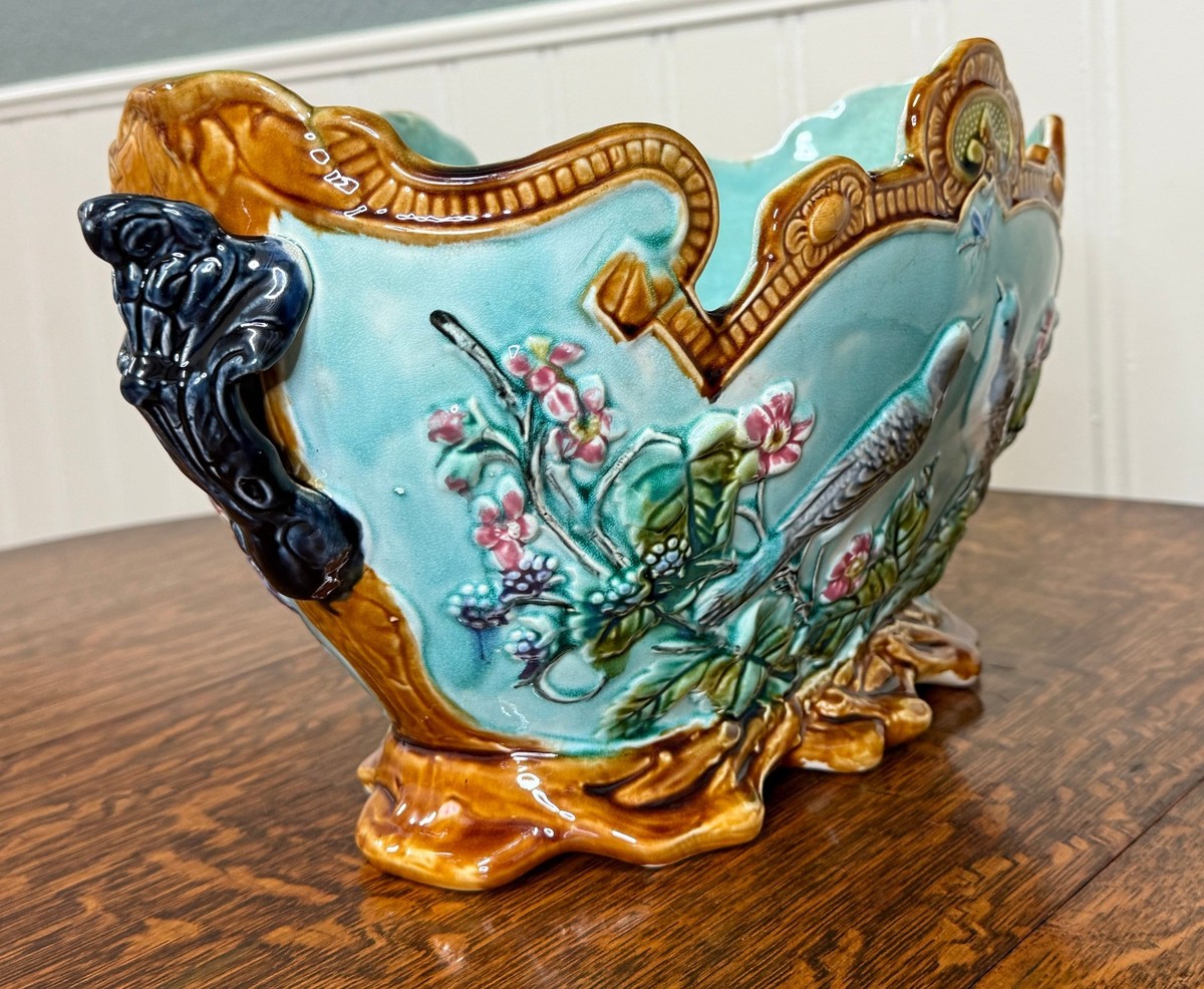 Antique French Onnaing Majolica Cache Pot Planter Bowl Jardiniere