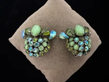 VTG Signed Schreiner New York AB Green Spectrum Faux Stone Fanned Clip Earrings