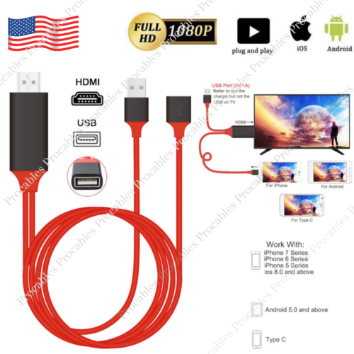 1080P HDMI Cable Phone to TV HDTV AV Adapter Universal For iPhone Android Type C - Afbeelding 1 van 12