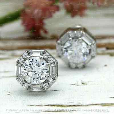2.29Ct Round Cut Lab-Created Diamond Halo Stud Earrings 14k White Gold Plated