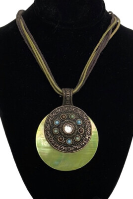 Lia Sophia ''Meadow'' Green River Shell, Cut Crystals Antique Gold Tone Necklace