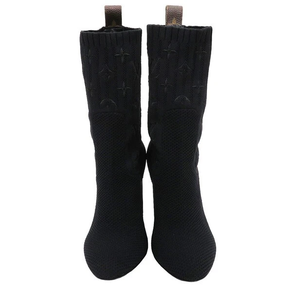 LOUIS VUITTON Monogram Stretch Knit Socks Ankle Boots 35.5 Black Auth Women  Used