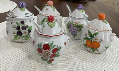 Five Lenox Orchard Jam Fine Porcelain Jars With Spoons | eBay