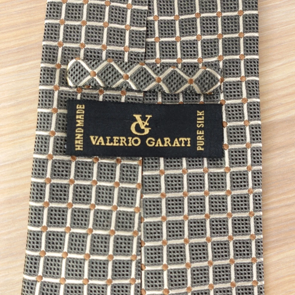 Neck Tie Mens Gray White Geo Plaid Silk Necktie Dress Handmade VALERIO GARATI - Image 4 of 4