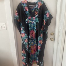 Vintage Tropical Eve Hawaii Hawaiian Muu Muu Kaftan Maxi Dress Black Floral OS