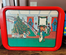 Vintage Serving Tray Christmas Scene Metal Red Potpourri Press Made in USA 80s