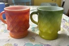 2 Vintage Anchor Hocking Fire King Orange & Green Diamond Coffee Cup/Mugs