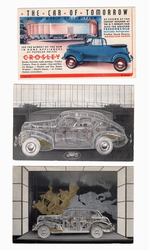 LOT OF 3 ORIG 1939 NYWF CROSLEY AUTOMOBILE ADVERTISING POST CARDS