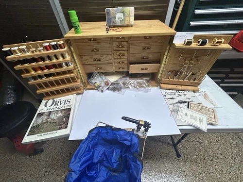 Fort Shockley Oak/Cedar Fly Tying Box/desk Loaded With Tools & Materials.