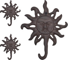 Decorative Cast Iron Sun Wall Hooks - Rustic Brown Coat Hooks for Wall, Vintage