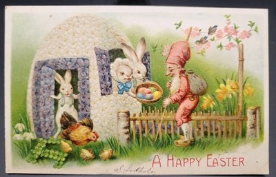 Rare Easter Anthropomorphic Bunnies Gnome Egg House Embossed Postcard 1908 