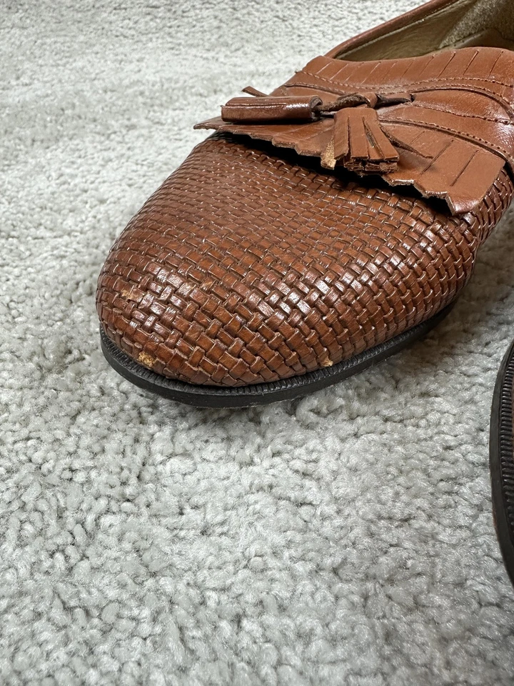 Stanley Blacker Loafer Shoes Mens Size 10 Brown Leather Tassel Woven Italy 74060 - Image 3 of 4