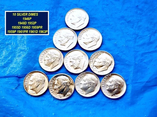 Lot of 10 "BU" and "PROOF" Silver Dimes 〘1946 - 1963〙➳ Details Below ➳ 3Lc
