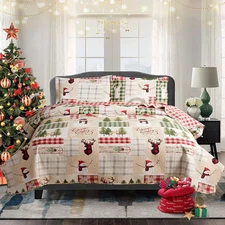Christmas Quilt Set, Bedspread, Reversible Coverlet, Snowman Tree Designs, Home