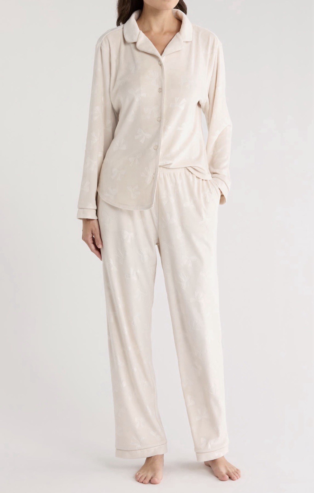 Flora by Flora Nikrooz Women's L Addie Bow Printed Velour Long Sleeve Pajama Set