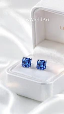 Blue Color Princess Cut Diamond Stud Earrings 925 Sterling Silver Lab Grown Pair