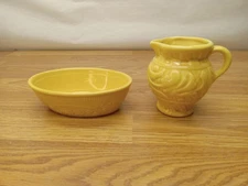 VINTAGE OVEN SERVE WARE USA FLORAL Rose EMBOSSED YELLOW OVAL BOWL 6” AND PITCHER