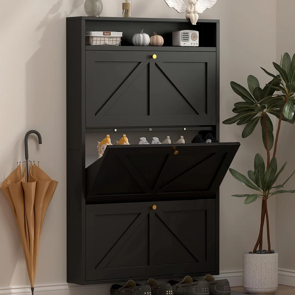 MARCREE Narrow Shoe Cabinet with 3 Flip Drawers,Metal Entrance Shoe Cabinet for Entryway