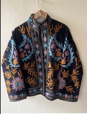 Ethnic Floral Embroidery Black  Velvet Jacket Boho Hippie Festival Coat~Handmade