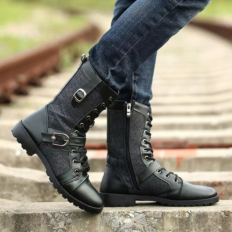 Stylish Autumn Men's Punk Military Buckle Lace Up Mid-calf Boots Knight  Shoes