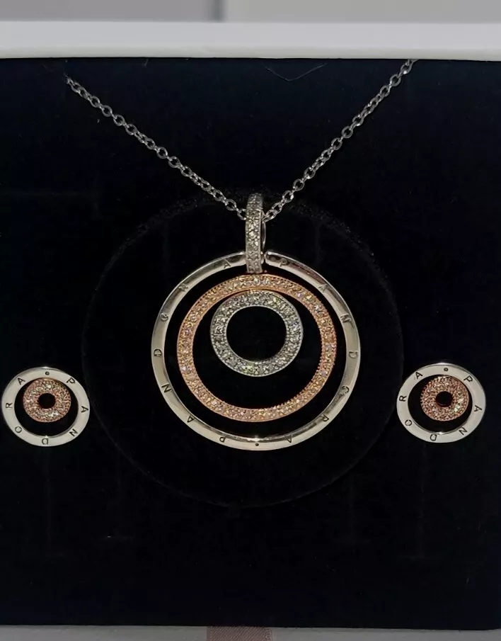 Authentic Pandora Necklace Two tone Circles With Earrings Gift Set