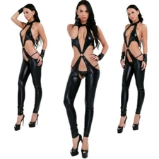 Women's Faux Leather Bodysuit Wetlook Catsuit Jumpsuit Erotic Lingerie Clubwear