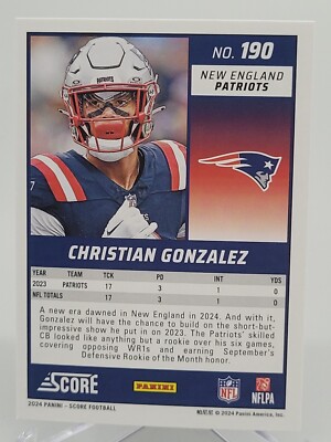 2024 PANINI SCORE CHRISTIAN GONZALEZ BASE FOOTBALL CARD PATRIOTS