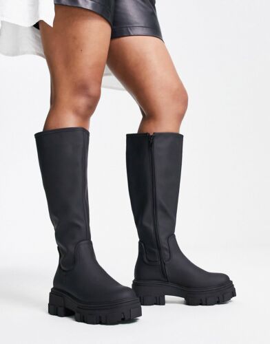 ASOS DESIGN Carla chunky flat black knee high boots size 6 | eBay