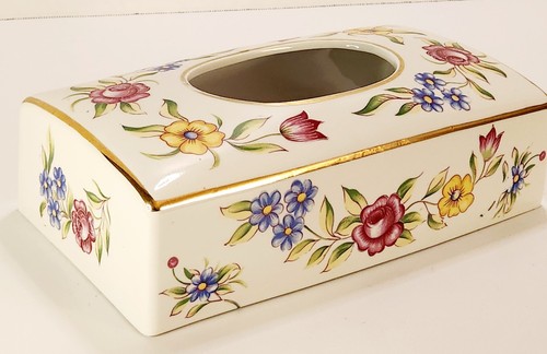 VTG White Porcelain Tissue Box Cover Colorful Flowers Gold Trim Romantic 10.5" - Picture 21 of 21