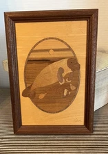 Hudson River Wood Inlay Marquetry Signed Nelson  W a Manatee  - 9.5 x 6.5 Framed