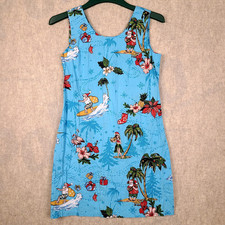 Hawaiian Hangover Christmas Dress MED Blue w/ Santa Surf Sleeveless 100% Cotton