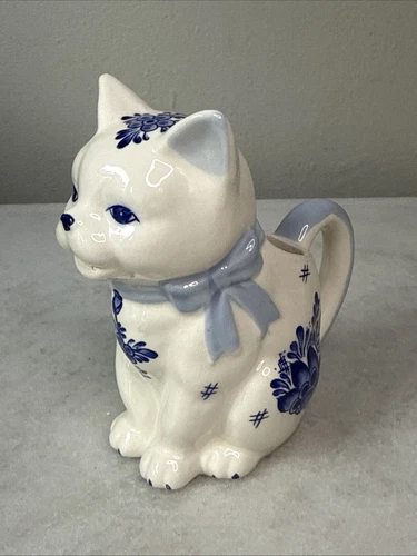 Vintage Delft Blue & White Floral Cat Pitcher Creamer