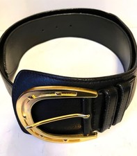 VTG Avignon 2"W Leather Belt GOLD HORSESHOE BUCKLE Black Sze XL BOHO Made In USA