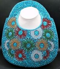Vintage Handbag Turquoise Sequin Beaded Flower Clutch Purse Tote 13" x 11"