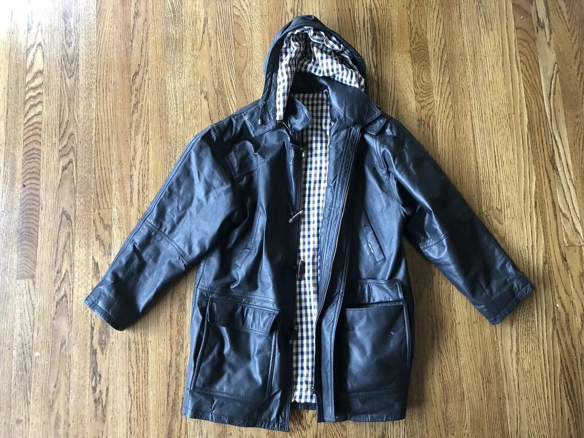 Aquascutum Leather Duffle Coat sz Medium Black Made in Italy