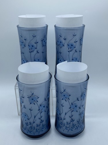 4 Libbey Glass Blue Floral Flowers Drinking Glasses Cups Vintage Tumblers