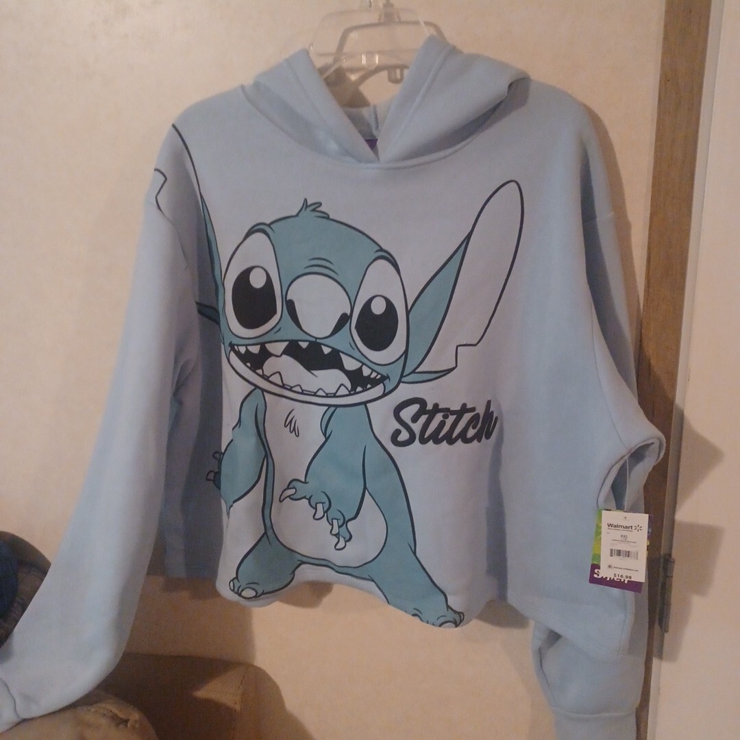 Disney Stitch Graphic Women's Hoodie Junior Light Blue Cropped