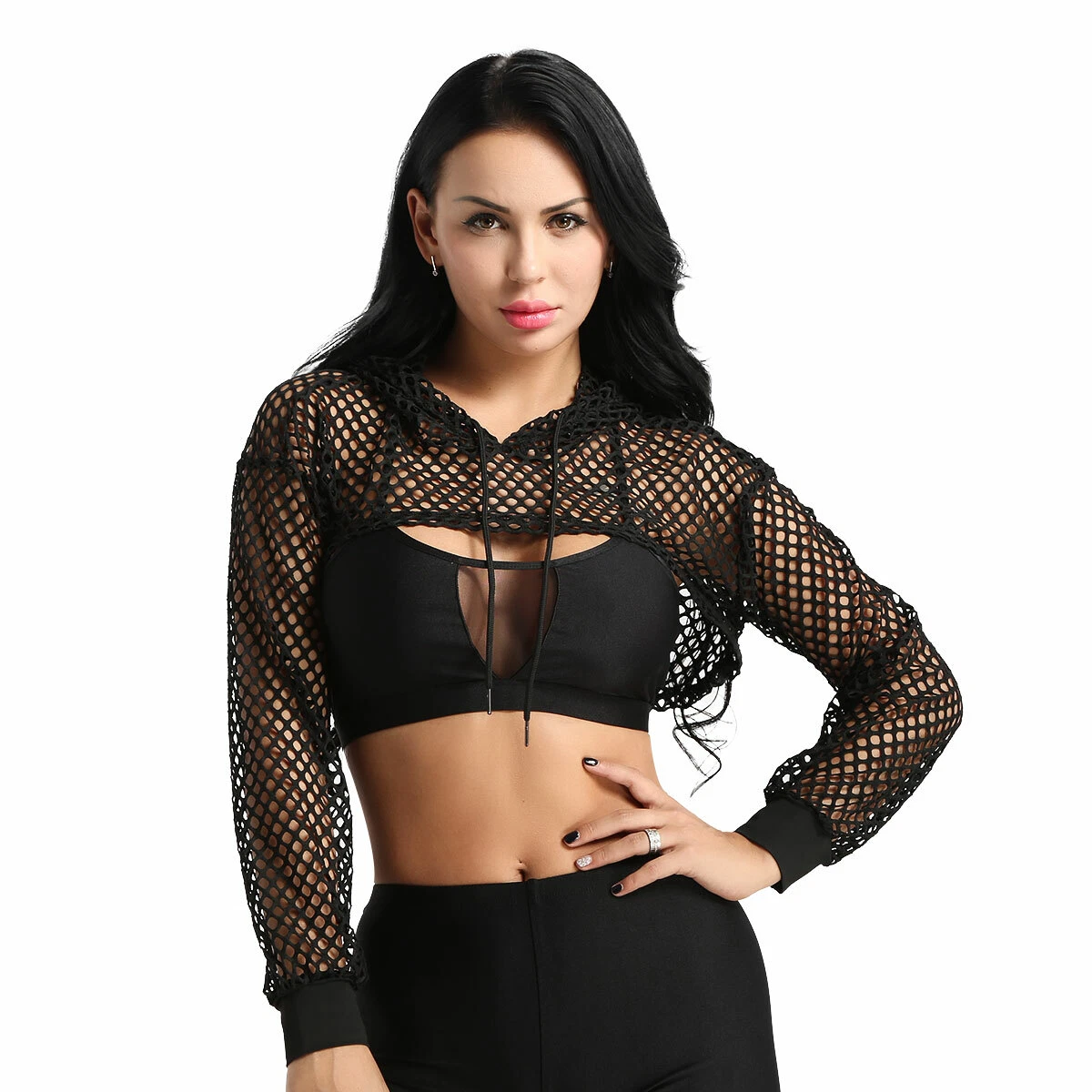 Women's Sheer Mesh Gauze Long Sleeve V-neck See Through Crop Top T