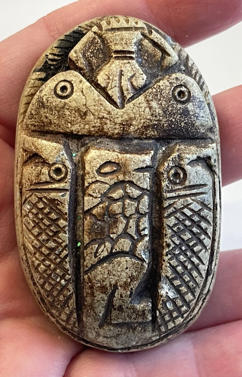 Vintage Scarab Beetle Hieroglyph Amulet Carved Stone Egyptian Handmade Stamp