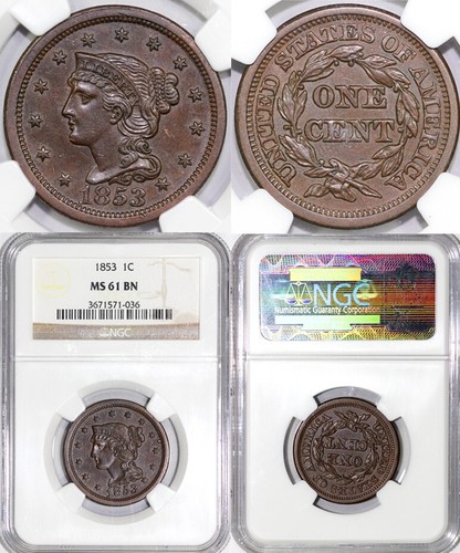1853 1c N-24 Braided Hair Large Cent NGC MS 61 - Picture 5 of 5