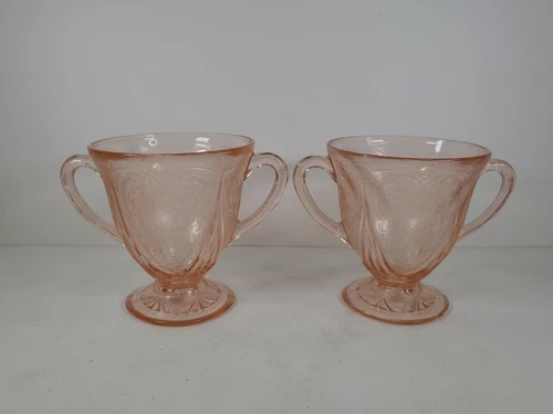 Hazel Atlas Pink Royal Lace Depression Glass Open Sugar Bowls EUC Vintage Pair
