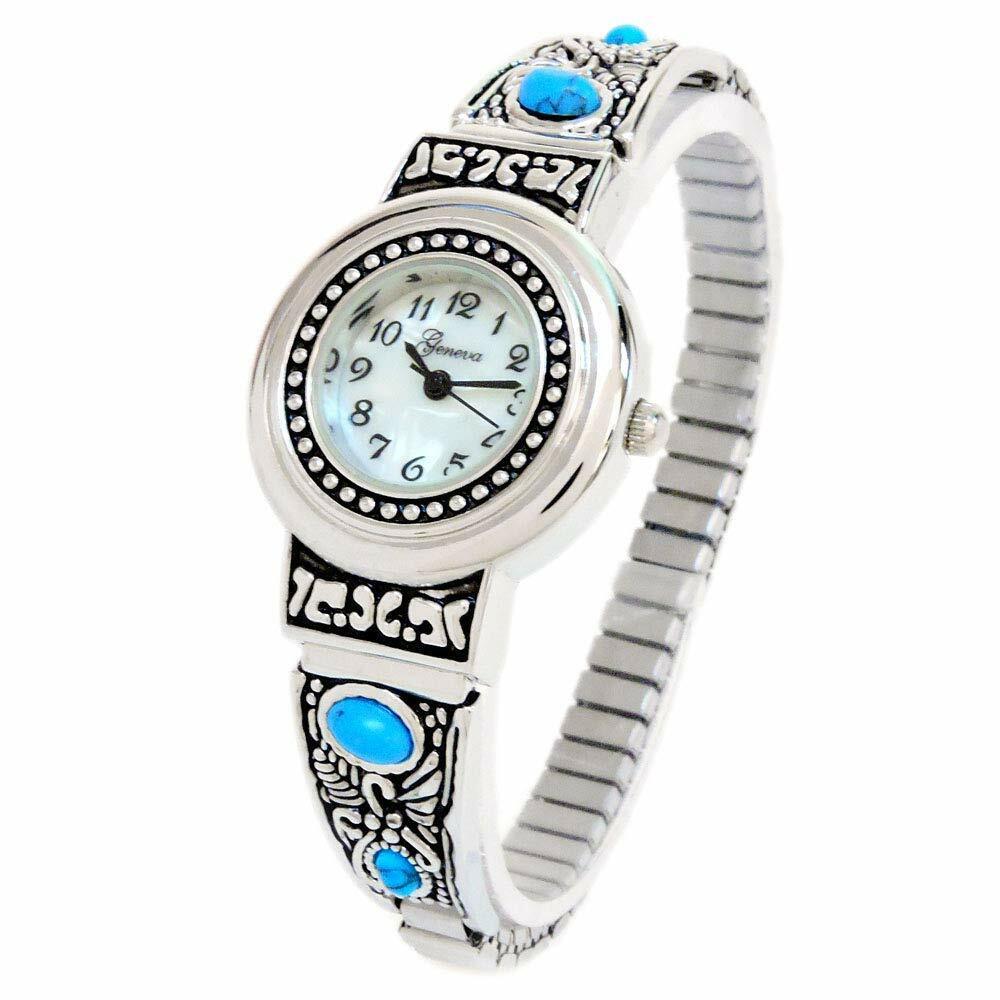 Silver Turquoise Decorated Women's Semi-Stretch Bracelet Watch