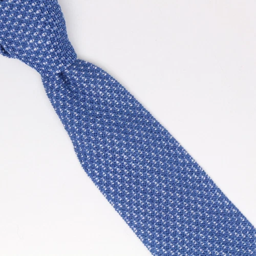 Gladson Mens Cotton Necktie Blue White Pindot Textured Knit Square End Tie Italy