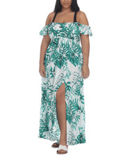 Raviya GREEN Plus Size Floral-Print Smocked-Bodice Maxi Dress Cover-up US 0X
