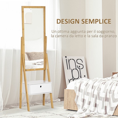 HOMCOM Specchio con Cornice in Bambù e Cassetto in MDF per Camera da Letto - Foto 5 di 10
