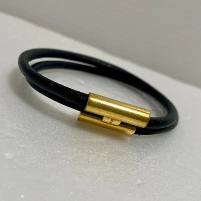 [Occasion] Bracelet HERMES Tournis Cuir Noir Or Quincaillerie Vintage = Du JAPON - Photo 1/4