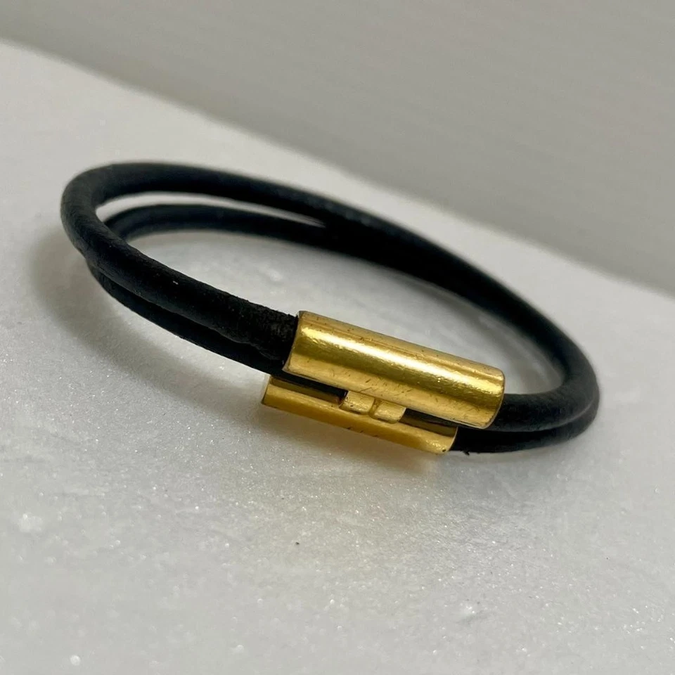 [Occasion] Bracelet HERMES Tournis Cuir Noir Or Quincaillerie Vintage = Du JAPON - Photo 1/4