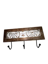 Handmade Carved Wood Wall Hook Rack Rustic Floral Design 3 Metal Hooks India